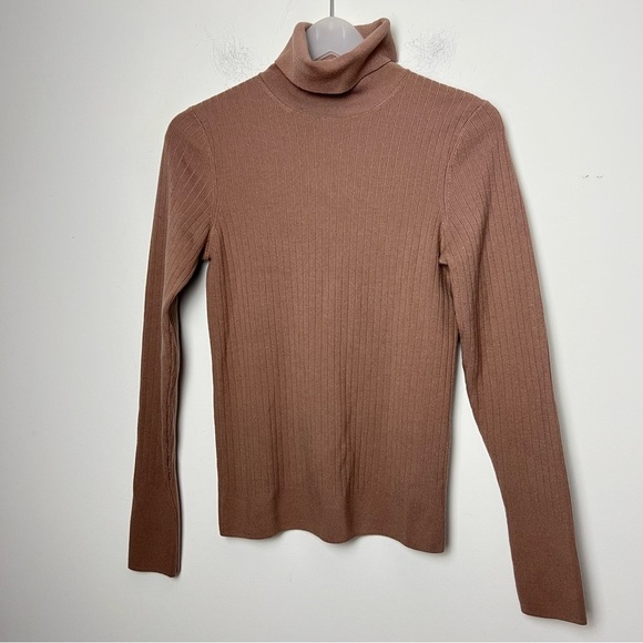 REISS Nicola Ribbed Turtleneck Wool Blend Mocha Fall Classic Contemporary Soft - Picture 2 of 10